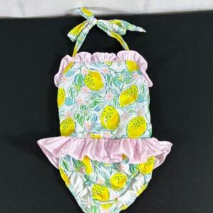 Girls' Lemon-Print Halter Ruffle One-Piece Swimsuit - Pink & Yellow